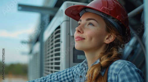 Beautiful woman engineer repairs air conditioner unit on roof. Generative AI.