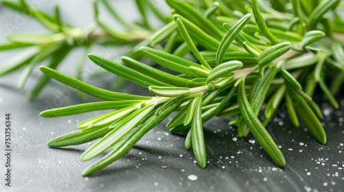  a sprig of rosemary sitting on top of a piece of silver foil with water droplets on the surface.