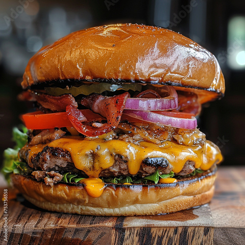 A mouthwatering burger with all the fixings photo