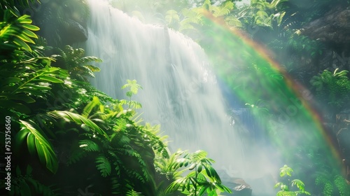 A tropical rainforest scene with a cascading waterfall  vibrant green vegetation 
