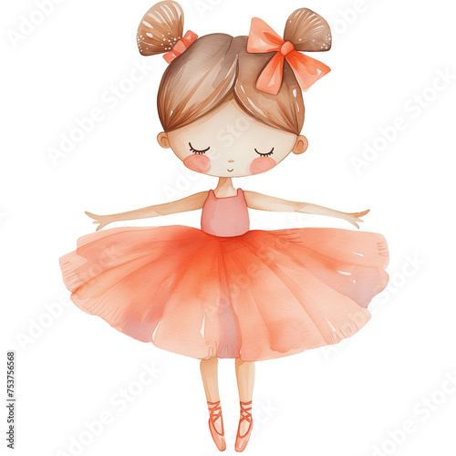 Beautiful baby doll ballerina in coral orange tutu skirt, watercolor isolated illustration. Nursery poster design, limited color palette