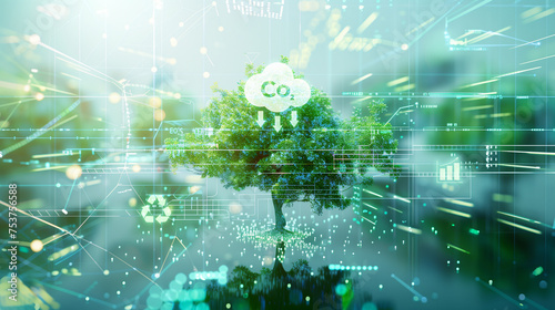 Business Innovative Sustainable Energy Concept. Tree with Carbon Reduction, Data, Nature and Technology for a Greener Future. Explore Ecosystem Innovation, Climate Change, and Weather, Co2