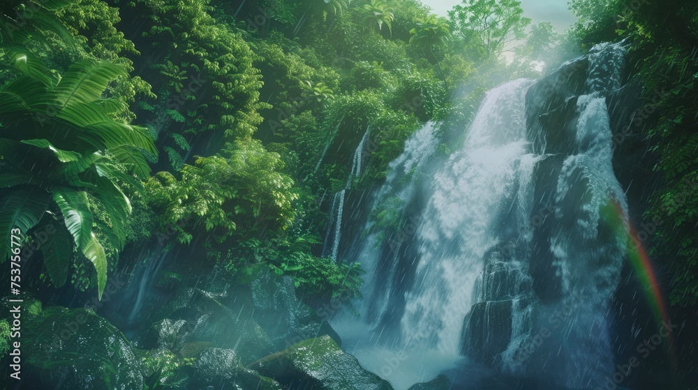 A tropical rainforest scene with a cascading waterfall, vibrant green vegetation, and a rainbow appearing in the mist. 8k