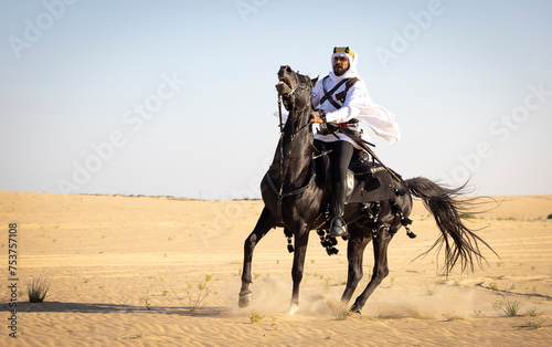 Rider in the desert of Saudi Arabia with his back stallion photo