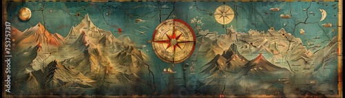 Explore reimagined vintage maps with mystical symbols and uncharted territories through fantasy elements. photo