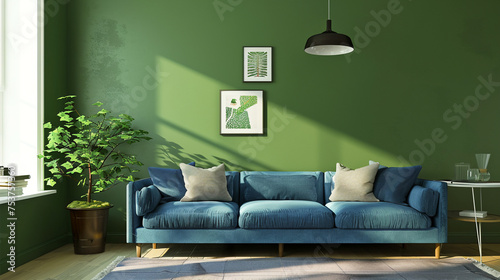 Sofa azul de diseño en interior de salon moderno de color verde. Habitación en hogar con decoración minimalista. photo