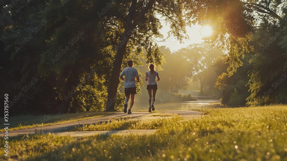 Healthy couple jogging in the moring with beautiful surroundings . Healthy lifestyles . Healthy couple jogging in the moring with beautiful surroundings . Healthy lifestyles .