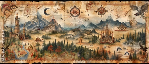 Vintage maps display fantasy creatures, mystical symbols, and magical forests, creating a mystical world. photo