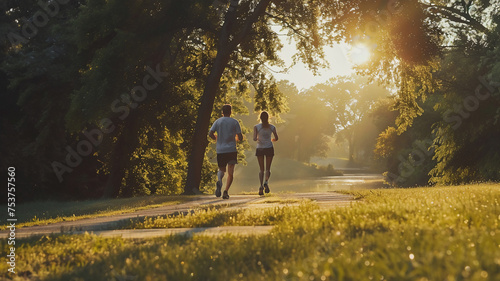 Healthy couple jogging in the moring with beautiful surroundings . Healthy lifestyles .