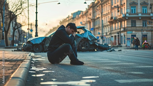 depressed man sitting on the road next to crushed car in the city street, car insurance concept