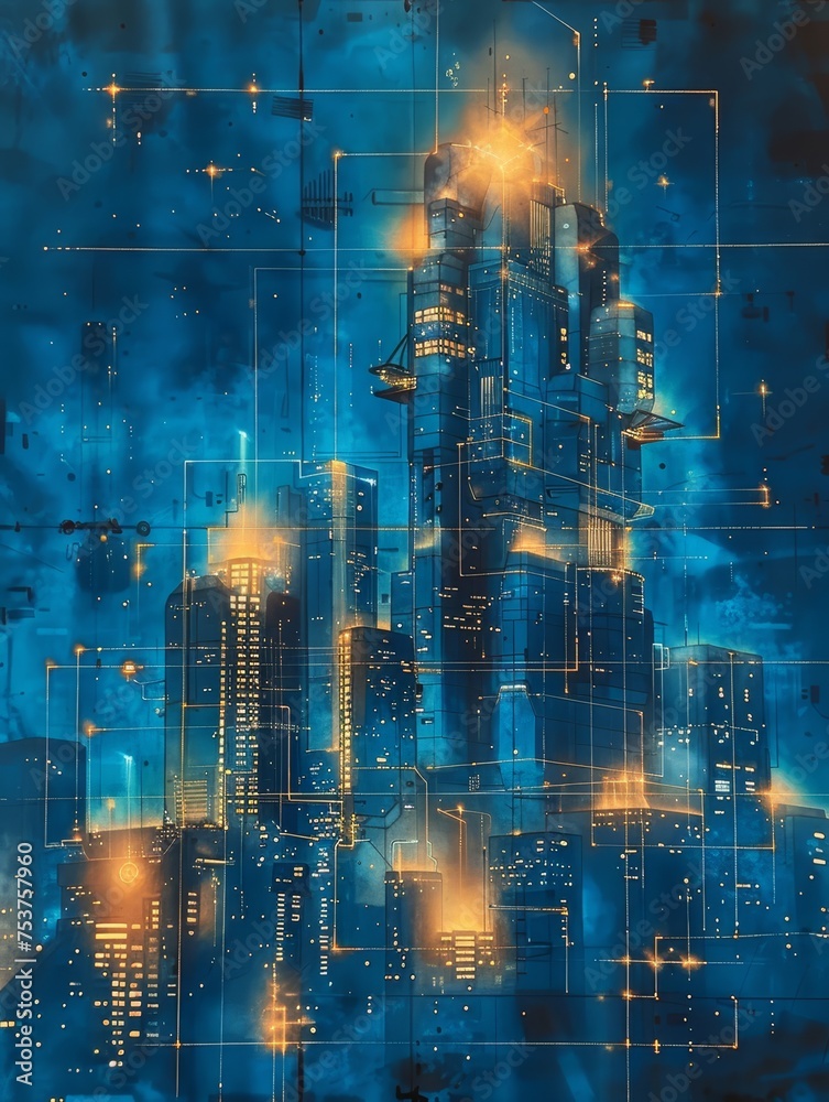 Fototapeta premium Futuristic tech-infused city plans blend cyberpunk vibes with a retro-futuristic touch in architectural blueprints.