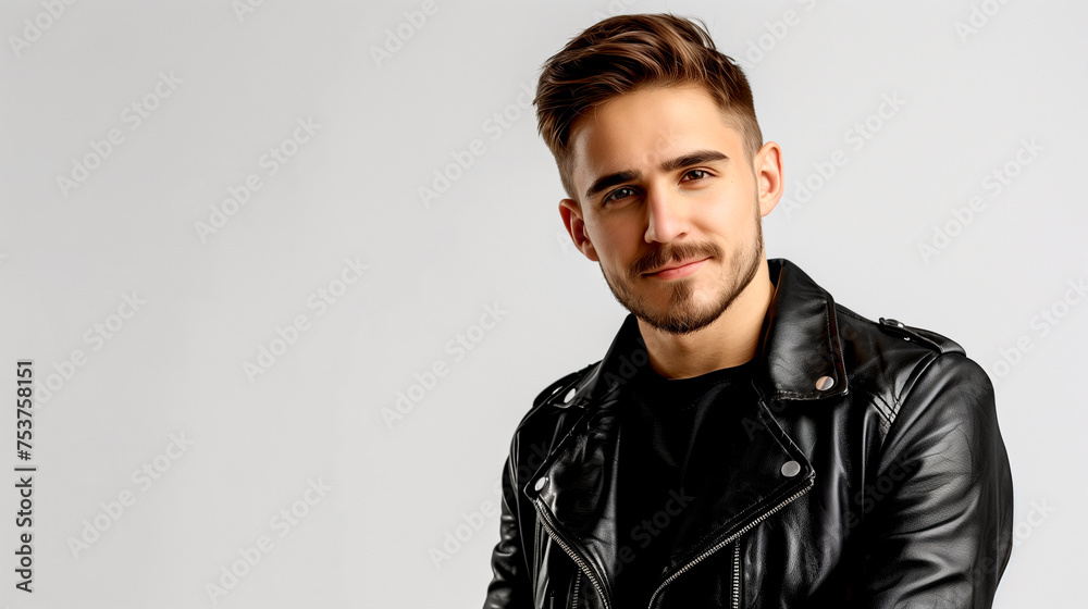 Obraz premium Fashionable Elegant Man in a Black Leather Jacket Looking at the Camera