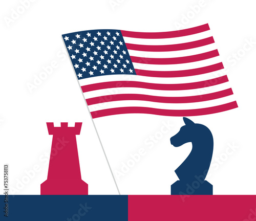 2024 Presidential elections in the United Stares with USA flag. Democrats against Republicants. Electoral symbols of both political parties chess figures. Flat vector illustration. Vote day November 5