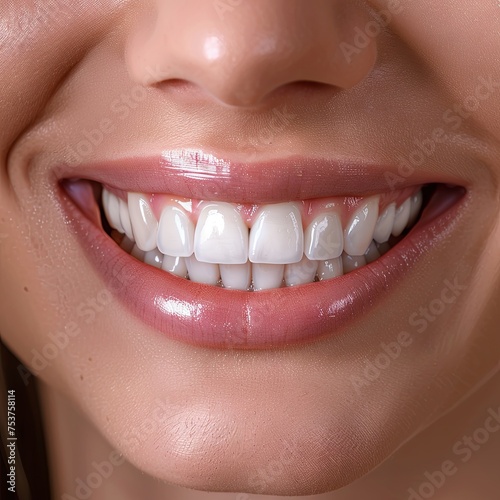 Close-up image of a smiling woman showing healthy white teeth  reflecting dental care and happiness.