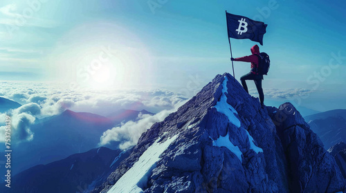 A mountaineer climb to the top of mountain with a flag of bitcoin cryptocurrency