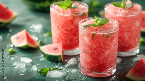 three glasses of watermelon mojits with mint garnish on the rim and slices of watermelon on the rim.