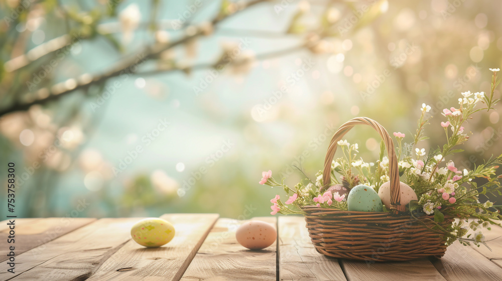 Blank empty wood table top with flowers and basket of easter eggs with blurred spring tree background Blank empty wood table top with flowers and basket of easter eggs with blurred spring tree background