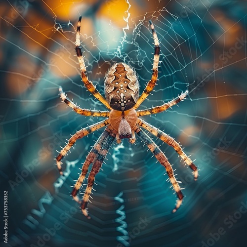 A detailed view of an orb-weaver spider centered on its delicate web with morning dew drops.