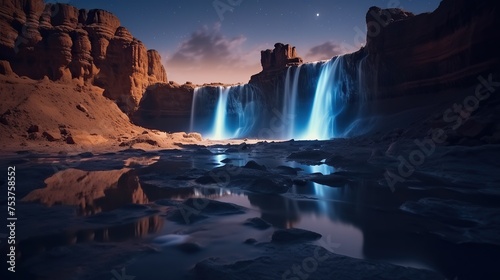 Fantasy landscape with waterfalls and mountains at night. 3d rendering