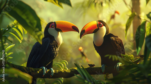 A pair of toucans in a tropical rainforest, their vibrant beaks contrasting with the lush greenery. © Rai