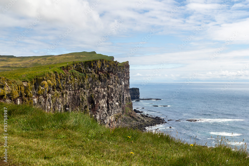 panoramic look over the steep cliffs to the coastline at puffin island, Iceland 