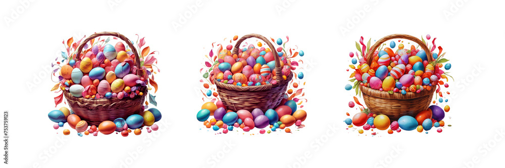Set of A vibrant illustration of a basket overflowing with colorful Easter eggs and candy, illustration, isolated over on transparent white background Set of A vibrant illustration of a basket overflowing with colorful Easter eggs and candy, illustration, isolated over on transparent white background