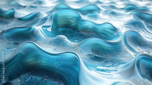 a close up view of a blue and white wave pattern with water droplets on the bottom and bottom of the wave. photo