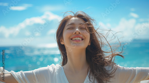 Young woman's smile to the sky