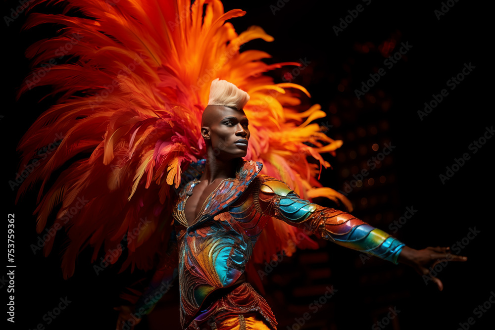 black-skinned African LGBTQ+ dons a stunning cabaret ensemble, illuminated by the vibrant hues of studio lighting, commanding attention and admiration