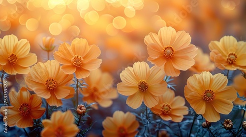 a bunch of yellow flowers with a blurry background in the middle of the picture and the sun in the background. photo