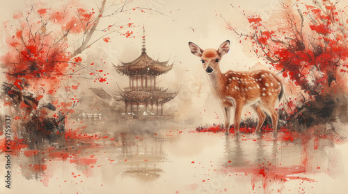 a painting of a deer standing in front of a pagoda with red paint splatters on it's walls.