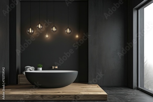 Modern stylish bathroom with white toilet bathtub and dark gray walls in a minimalist style at simple apartment of hotel room or spa center. Interior design concept