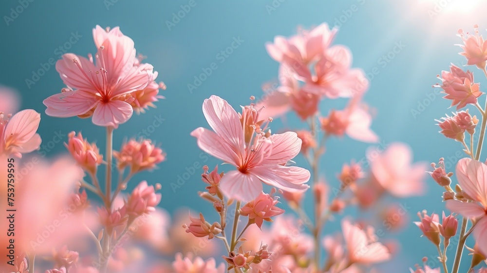 a field of pink flowers with the sun shining through the sky in the backround of the flowers in the foreground.