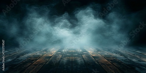 Eeriemistsurroundsawoodentableinadarkabstractsetting. Concept Dark Abstract Setting, Eerie Mist, Wooden Table, Atmospheric Photoshoot, Surreal Photography