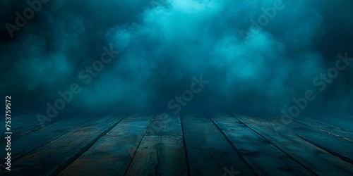 Mysterious atmosphere envelops a wooden table in a dark, abstract setting. Concept Mysterious, Dark Setting, Abstract Background, Wooden Table, Enveloping Atmosphere