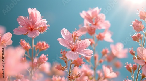 a field of pink flowers with the sun shining through the sky in the backround of the flowers in the foreground. © Shanti