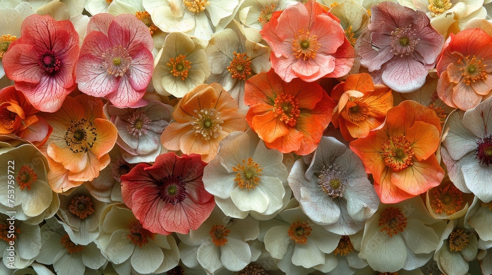 a close up of a bunch of flowers with orange and white flowers in the middle of the petals and the center of the flowers in the middle of the petals.