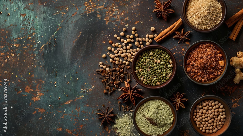 Variety of Indian chai spices. Top view close-up banner