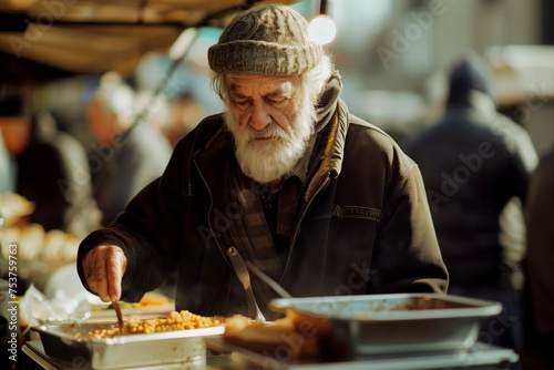 Portrait of a homeless man taking free food at a charity food distribution shelter