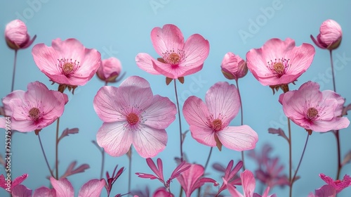 a bunch of pink flowers that are blooming on a blue background with a light blue sky in the background.