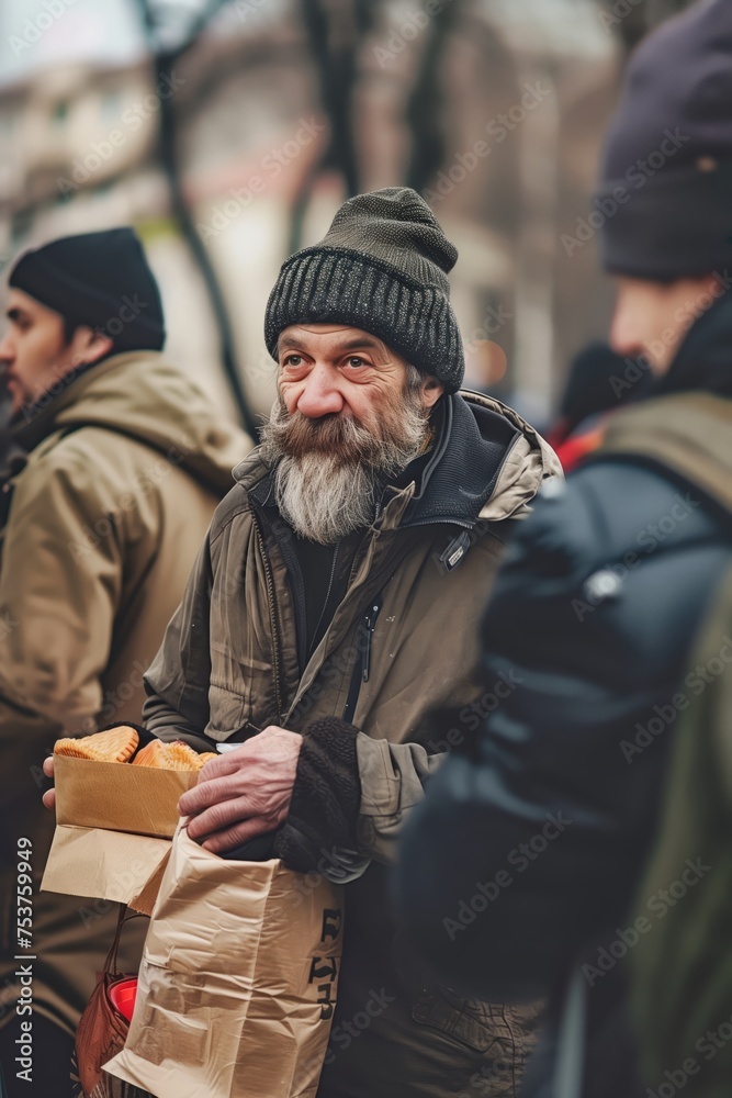 Fototapeta premium Portrait of a homeless man taking free food at a charity food distribution shelter