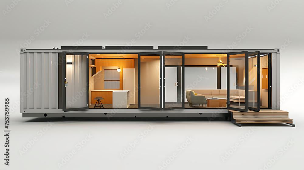 © Maksym - 3D model of a rectangular shipping container house with living room and kitchen