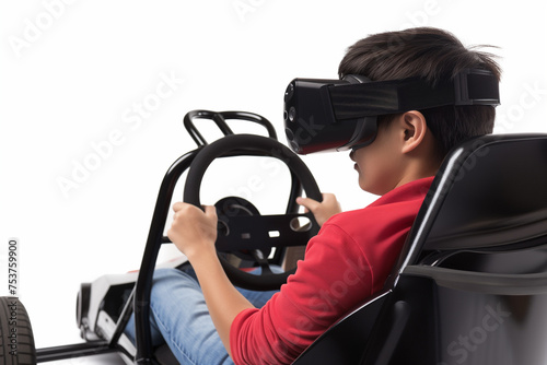 Young man experiencing virtual reality simulation using virtual reality headset and racing wheel. Isolated on white background