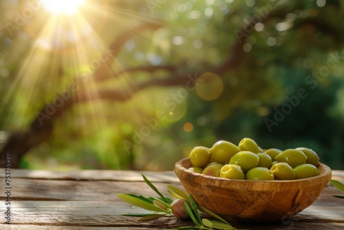 Fresh Green Olives in a Wooden Bowl on a Rustic Table With Sunlight Filtering Through Leaves