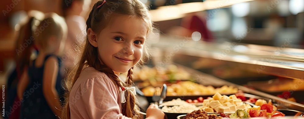 Happy child girl and other kids at buffet of cafeteria in elementary school or hotel. Happy child girl and other kids at buffet of cafeteria in elementary school or hotel.
