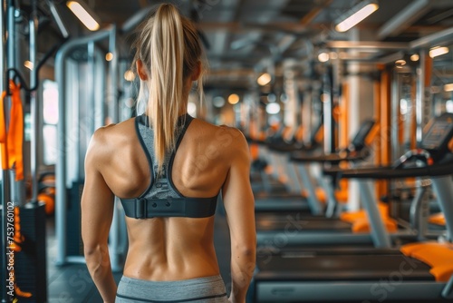 A fit woman in sports attire turns her back to the camera, highlighting her muscle definition in a gym with equipment