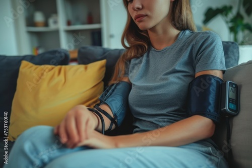 Hypotension, close-up of arm of young woman sitting on couch checking high blood pressure and heart rate with self-monitoring digital arm monitor machine at home. Health and medical. photo