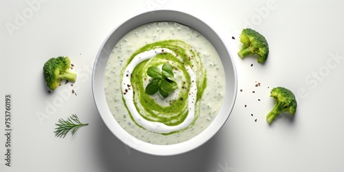 Cream of broccoli soup top view. Vegetarian vegetable soup. Light background. Generative AI