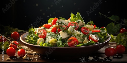 Salad with pieces of cheese, tomatoes and lettuce in a plate. Generative AI