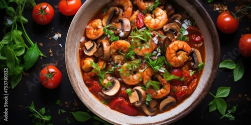 Shrimp and mushroom soup with herbs, tomatoes and spices. Generative AI